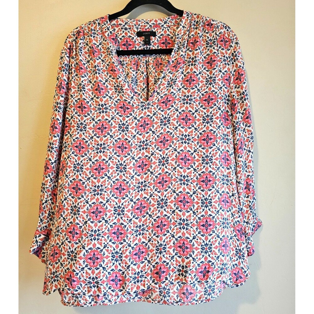 J.Crew California Poppy Silk Blouse Pink Red Navy Floral Size 10